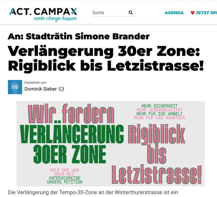 Petition Verlängerung 30er Zone: Rigiblick bis Letzistrasse!